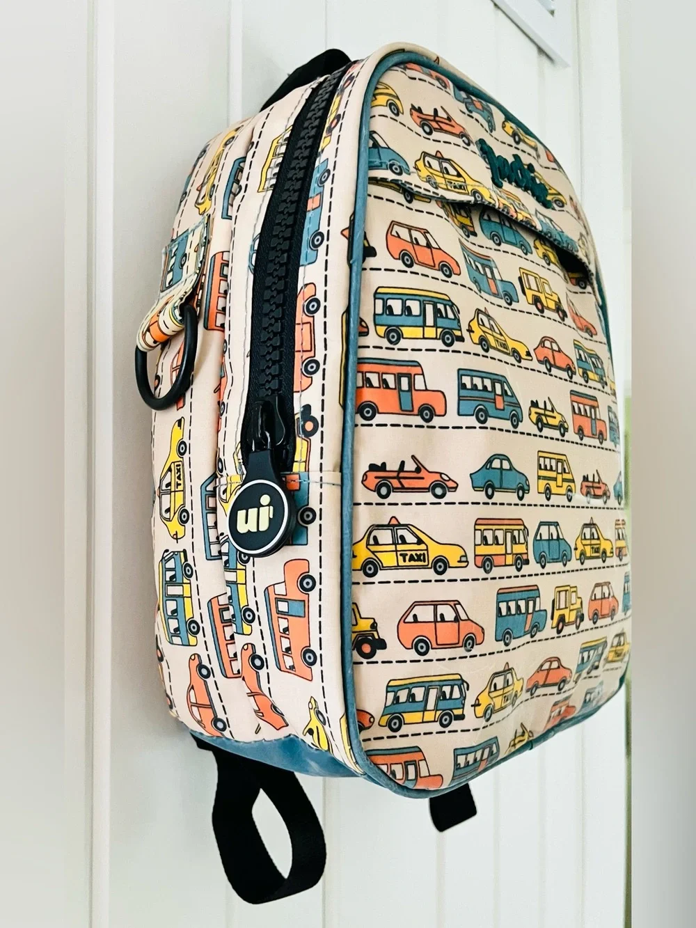 Urban Packie Beige Kids Backpack with Teal, Yellow & Coral Car Print